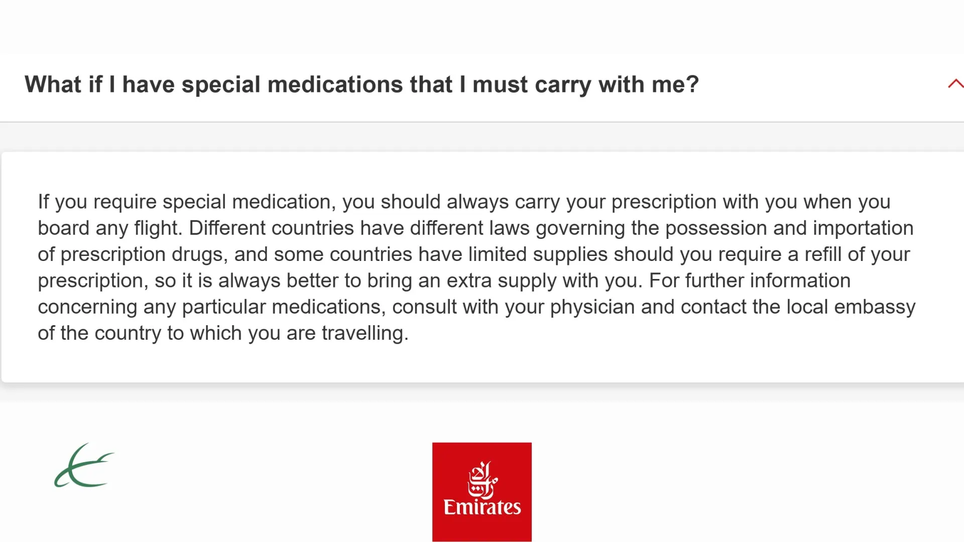 اسکرین شات از سایت ایرلاین امارات قوانین حمل دارو در پرواز